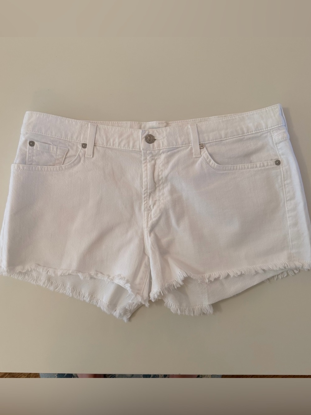 7 For All Mankind White Frayed Hem Denim Shorts